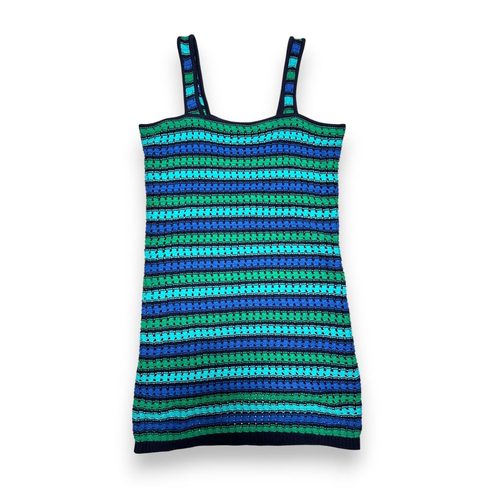 GAP Striped Strappy Crochet Knit Full Lined Teal & Navy Blue Sundress Size M